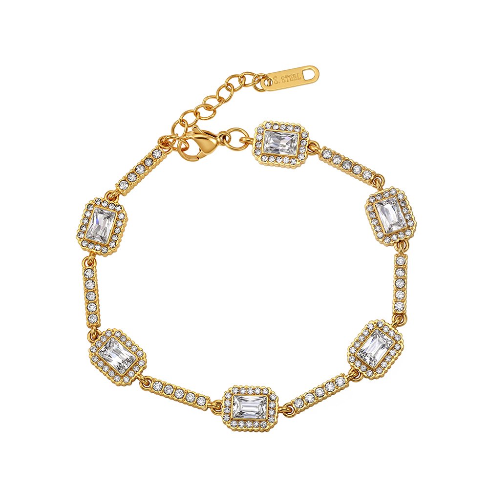 Gold-plated 304 stainless steel link bracelet with cubic zirconia