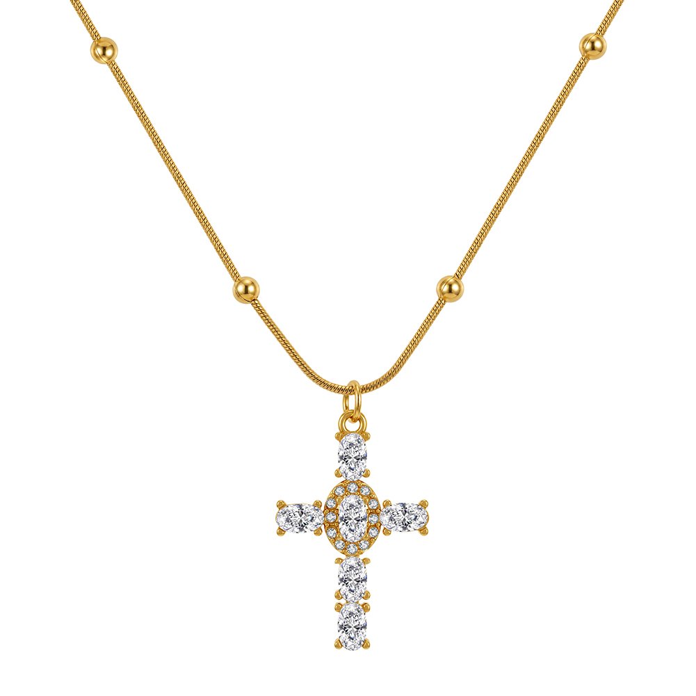 Gold-plated 304 stainless steel cross necklace with cubic zirconia