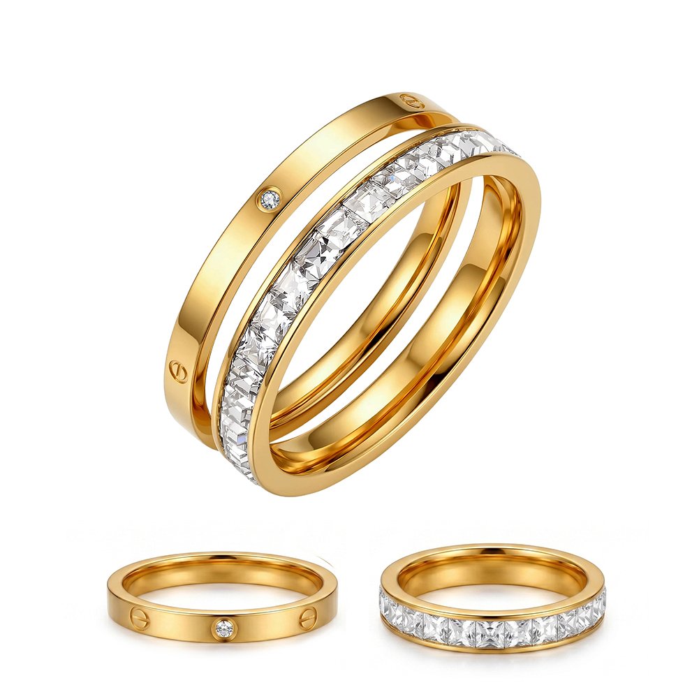 Gold-plated 304 stainless steel stacking ring set with cubic zirconia