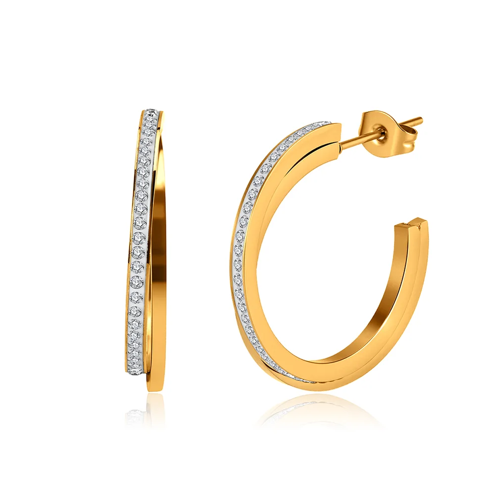 Gold-tone stainless steel hoop earrings with pavé detailing